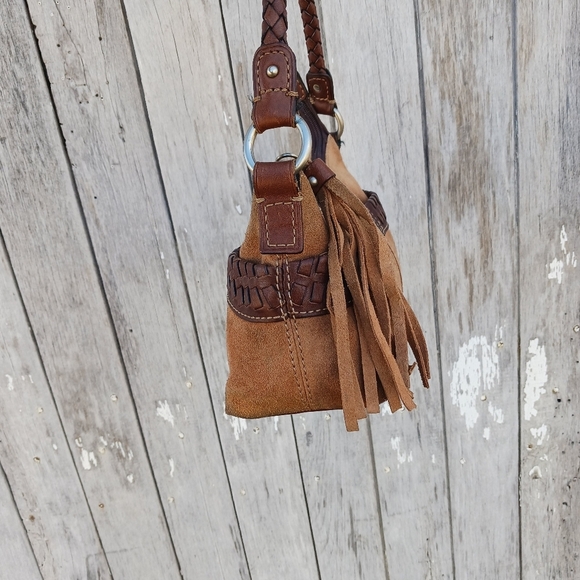 Vtg 395 Fossil Hobo Handbag Bag Suede and Braided Leather Tassle Y2K - Picture 5 of 16